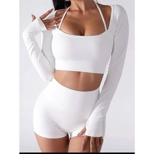 White Ribbed Sexy Seamless Thumbhole Crop Top